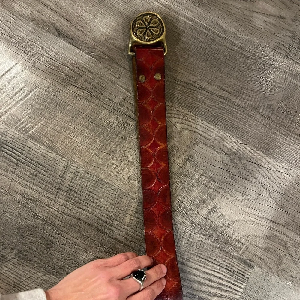 Vintage Rocker Red Leather Belt with Decorative Gold-Tone Medallion